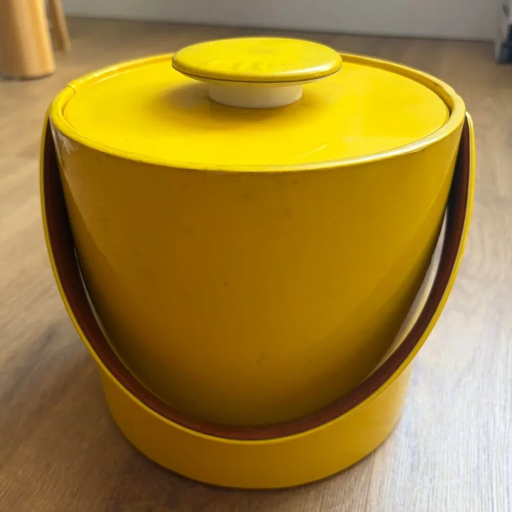 Vintage Ice Bucket Yellow Mid Century Modern Vinyl and Plastic